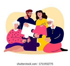 Happy Family Together.Young Adult Couple Woman,Man,Mother,Father,Husband. Collecting Puzzle Board Game.Old Aged Pensioner Grandparents.People Stay Home.Grandmother,Grandfather.Flat Vector Illustration