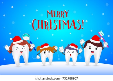 Happy family tooth with Santa hat. Merry Christmas and Happy new year with snow. illustration on blue background.