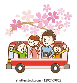 Happy family and tourist bus