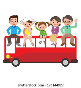 Happy family and tourist bus