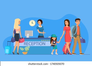 Happy family and tourist guests at the hotel reception. People with a traveling bag walking. Travelling and touristic concept. Copy space for design or text. Flat style vector illustration
