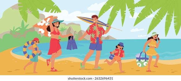 Happy family with touristic accessories going to sand beach enjoying summer vacation cartoon scene. Parents and children characters having rest on tropical sandy seashore vector illustration