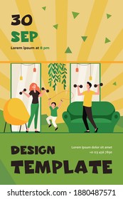 Happy family training together flat vector illustration. Cartoon active people doing strength exercise in living room. Wellness and workout at home concept