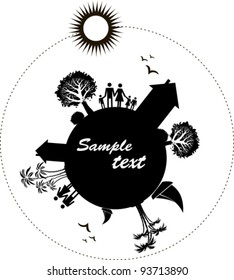 Happy family. Travel background with miniature globe and place for your text. Vector Illustration