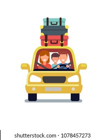 happy family travel by car. Vector flat