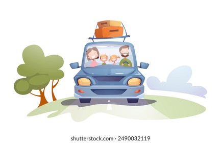 Glückliche Familie reisen mit dem Auto. Eltern mit Kindern gehen mit dem Fahrzeug auf einen Ausflug ins Freie. Menschen in Auto haben Abenteuer in den Sommerferien oder Urlaub. Cartoon Vektorillustration isoliert auf Hintergrund