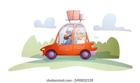 Happy family travel by car. Father, mother and children go on road trip to nature or sea. Summer adventure or journey on weekend or vacation. Cartoon vector illustration isolated on white background