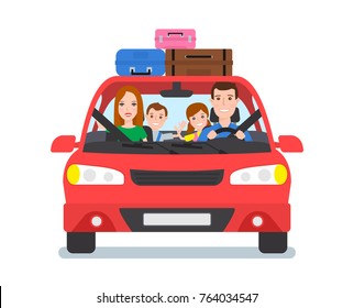 happy family travel by car front view