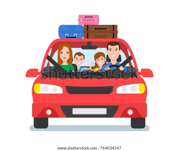 happy family travel by
car front view