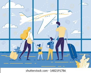 Happy Family Travel with Children. Parents and Kids with Luggage Stand at Airport Window Looking on Airplane. Vacation, Father, Mother, Daughter and Son Travelling. Cartoon Flat Vector Illustration