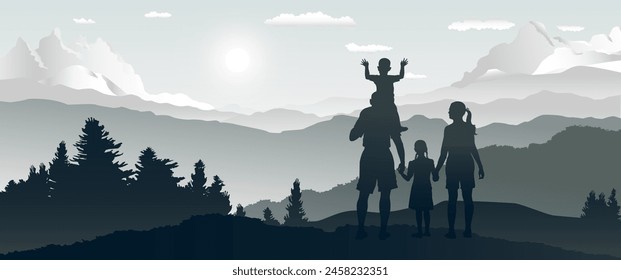 Happy family travel forest and mountain panorama landscape. Happy family day. Flat vector illustration. Silhouette Mother, father, son and daughters travel on mountain enjoying the beautiful nature.