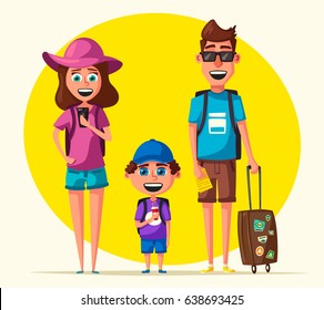 Happy family in travel. Journey of parents and child. Cartoon vector illustration