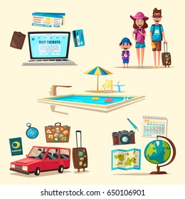 Happy Family In Travel. Journey Of Parents And Child. Cartoon Vector Illustration