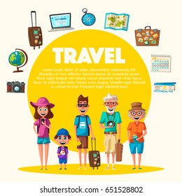 Happy Family In Travel. Journey Of Parents And Child. Cartoon Vector Illustration