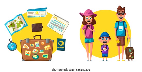 Happy family in travel. Journey of parents and child. Cartoon vector illustration