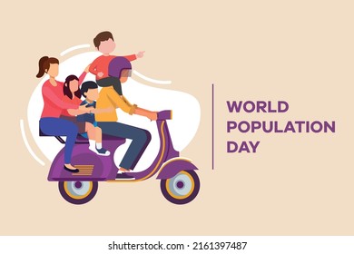 Happy Family travel on scooter. World population day. Colored flat graphic vector illustration isolated.