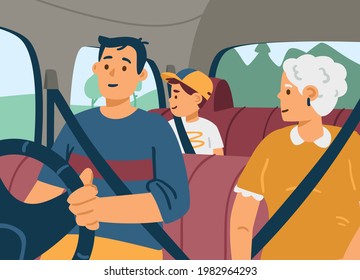 Happy family travel in their car during vacation or weekend road trip. Father driving automobile, mother and kid boy sitting inside wearing seat belt. Cartoon vector illustration