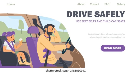 Happy Family Travel In Their Car During Vacation Or Weekend Road Trip. Father Driving Automobile And Kid Girl Sitting Inside Wearing Seat Belt. Flat Vector Illustration For Web.