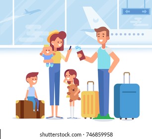 Happy Family Travel Together. Parents With Children At The Airport. Smiling Man With Luggage Holding Tickets Ready For Vacation. Flat Vector Illustration.