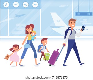 Happy Family travel together. Parents with children at the airport ready for vacation. Flat Vector illustration.
