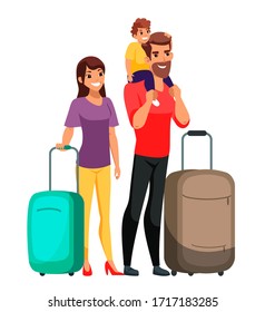 Happy family traveler with luggage bag standing isolated on white background. Mother, father, son going for trip. Parent and child traveling together on summer vacation and holiday. Airport check in