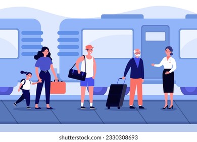 Happy family or travelers boarding train vector illustration. Cartoon drawing of people at railway station, train conductor, flight-free journey. Traveling, vacation, transportation concept