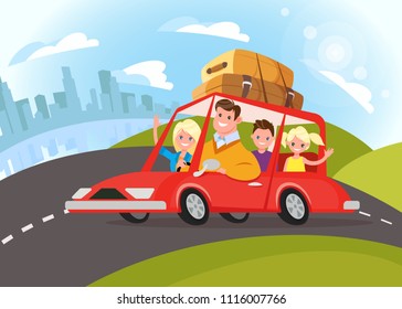 happy family traveling by car. Vector illustration of a cartoon style.