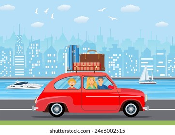 Happy family traveling by car with a luggage bags on the roof. . Urban a landscape with skyscrapers vector illustration in flat design