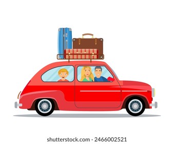 Happy family traveling by car with a luggage bags on the roof. Mother, father and son on vacation road trip together. Retro auto. vector illustration in flat design