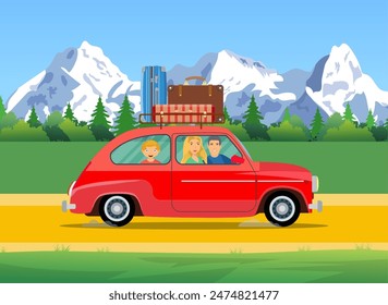 Familia feliz que viaja en coche con una bolsa de equipaje en el techo. Aventura, coche vintage, Ocio al aire libre, aventuras en la naturaleza, vacaciones. Ilustración vectorial en diseño plano.