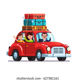 Happy Family Traveling By Car With A Luggage Bags On The Roof. Mother, Father And Son On Vacation Road Trip Together. Retro Auto. Flat Style Vector Illustration Isolated On White Background.