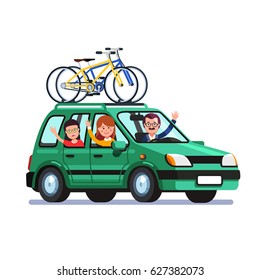 Happy family traveling by car with two bicycles mounted on the roof rack. Mother, father and son on outing road trip together. Flat style vector illustration isolated on white background.