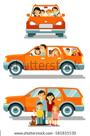 Happy family traveling by car in different views front and side. People set father, mother and children sitting in automobile and standing together. Vector illustration in flat style