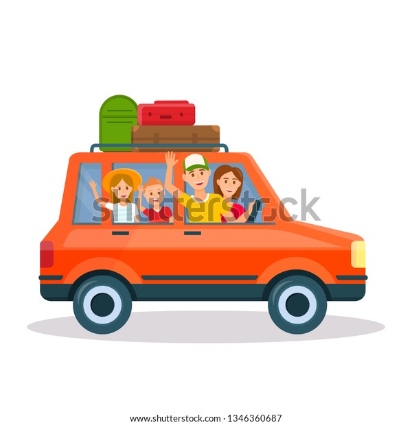 Happy Family Traveling by Car with Luggage\
on Roof. Mother, Father, Daughter and Son on Vacation Isolated on\
White Background. Parents Traveling with Kids Together. Cartoon\
Flat Vector\
Illustration.