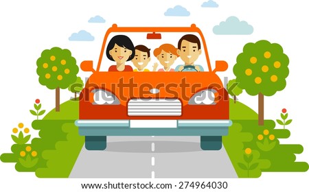 Happy family traveling by red car together on nature background in flat style