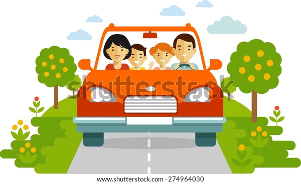 Happy family traveling by red car together on\
nature background in flat\
style