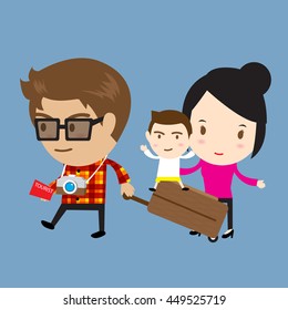 Happy family traveling, happy children sit on big bag