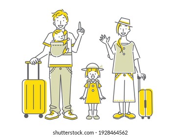 happy family traveling, simple line art, bicolor