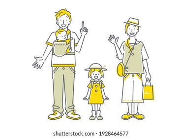 happy family traveling, simple line art, bicolor