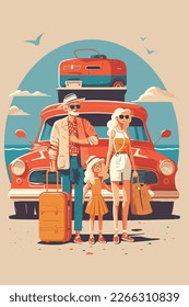 A happy family is traveling together