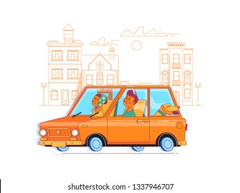 Happy family traveling together by car.Flat vector illustration