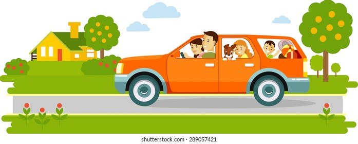 Happy family traveling together by red car on nature background. Illustration in flat style