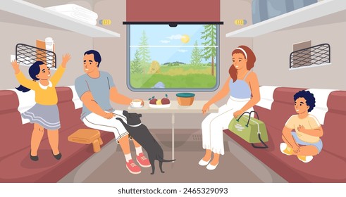 Happy family traveling in train vector illustration