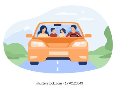 Happy family travelling in automobile isolated flat vector illustration. Front view of cartoon father, mother, son and daughter in car. Vacation and weekend concept