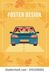 Happy family travelling in automobile isolated flat vector illustration. Front view of cartoon father, mother, son and daughter in car. Vacation and weekend concept