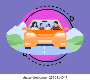 Happy family travelling in automobile isolated flat vector illustration. Front view of cartoon father, mother, son and daughter in car. Vacation and weekend concept