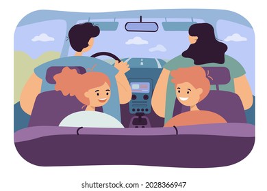 Happy family travelling by auto back view. Flat vector illustration. Parents with kids, boy, girl making journey, sitting in car interior. Road trip, family, travel, riding concept for banner design