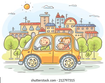 Happy family travelling by car in the city