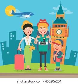 Happy Family Travelling by Plane to England. Father, Mother and Son in London. Vector illustration