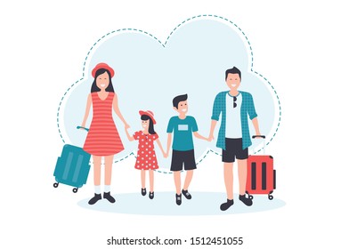 Happy family travelling holding hand each other while in airport vector illustration
